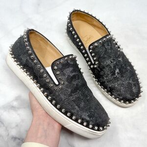 Christian Louboutin Pik Boat Studded Camo Leather Slip On Flat Sneaker Shoes 38